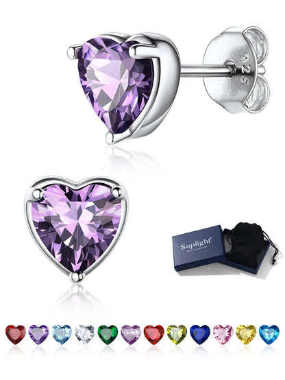 Silver Earrings for Women 925 Sterling Silver Heart Birthstone Stud Earrings Birthday Jewelry Gift